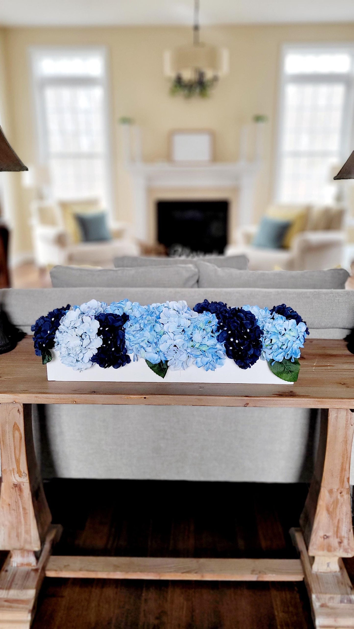 Navy Blue Flower Blue Hydrangea Arrangement French country Decor wood box Arrangement Blue Flower Centerpiece Blue white Floral Arrangement