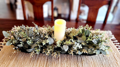 Dough Bowl Centerpiece – Rustic Farmhouse Table Arrangement with Faux Greenery and Candle