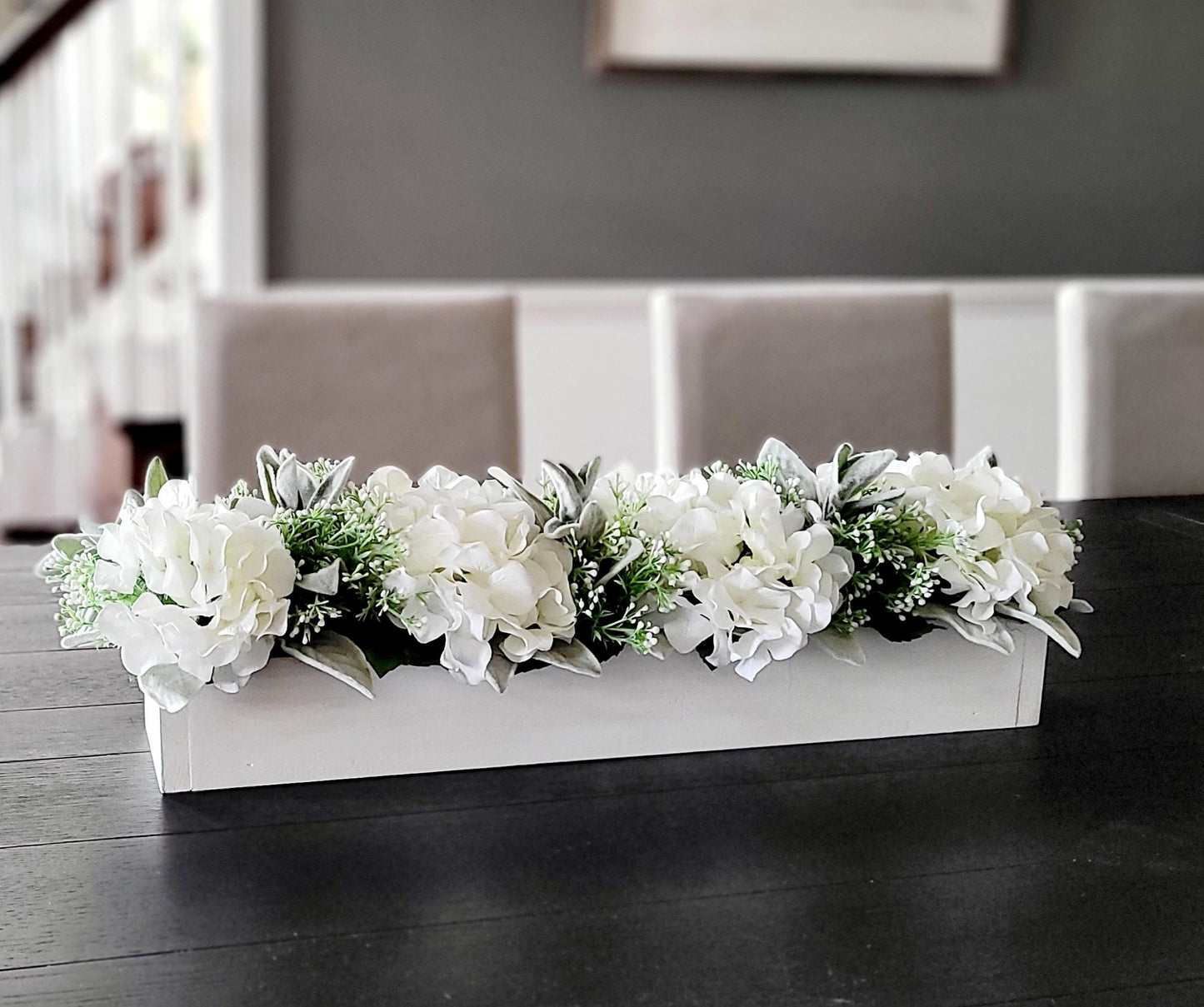 Rustic Wedding Centerpiece Wooden Box Arrangement Silk Hydrangea Display Bridal Table Decoration Elegant Floral Design Custom Size Options Beautiful Reception Decor Faux Flower Arrangement Artificial Greenery Accents Perfect Wedding Gift
