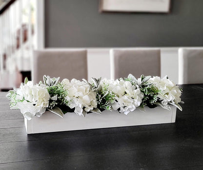 Rustic Wedding Centerpiece Wooden Box Arrangement Silk Hydrangea Display Bridal Table Decoration Elegant Floral Design Custom Size Options Beautiful Reception Decor Faux Flower Arrangement Artificial Greenery Accents Perfect Wedding Gift