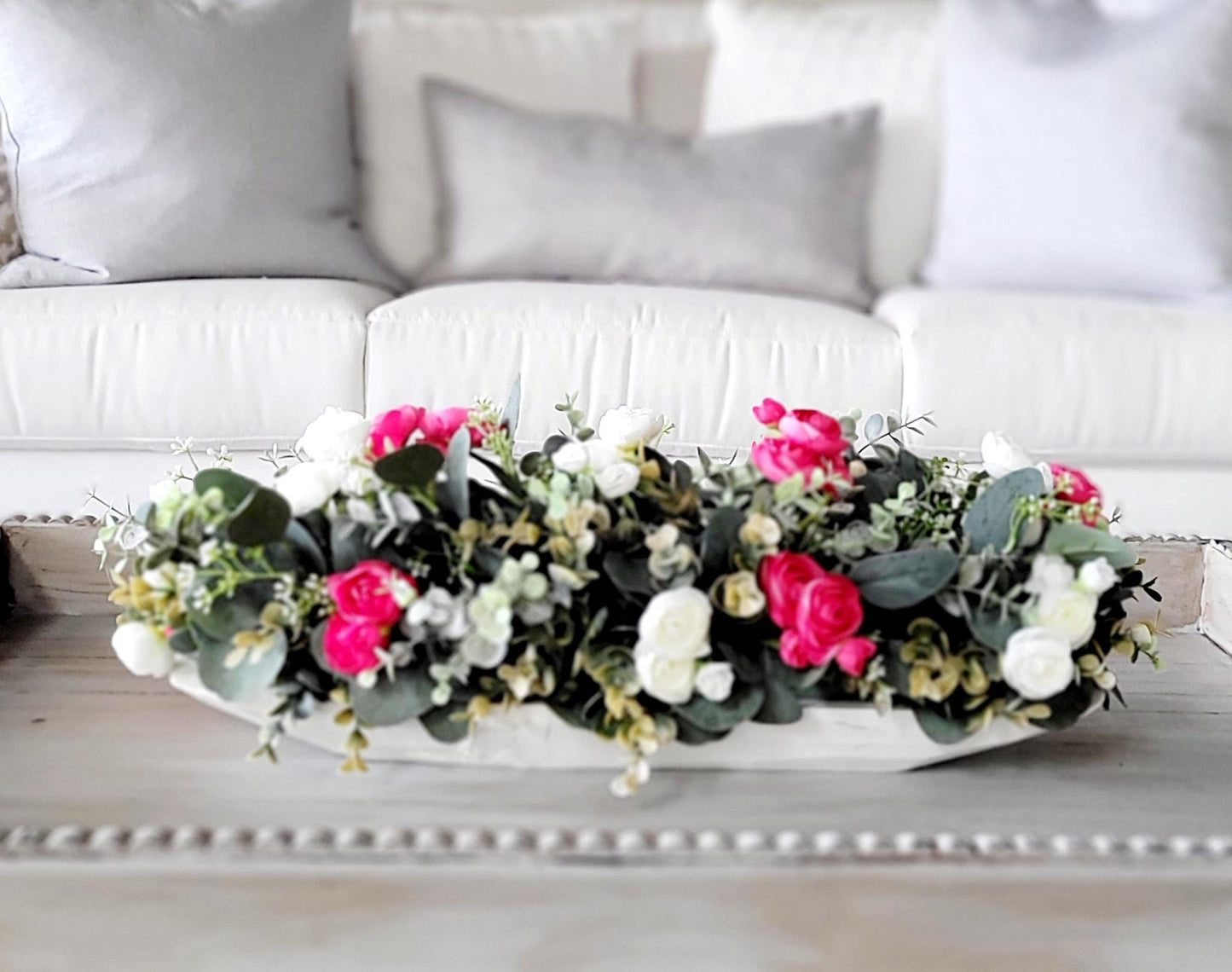 Dough Bowl Dining Table Arrangement Rose arrangement kitchen table decor Farmhouse Arrangement greenery arrangement Pink Floral Arrangement