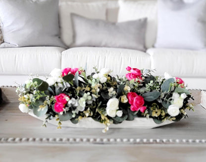 Dough Bowl Dining Table Arrangement Rose arrangement kitchen table decor Farmhouse Arrangement greenery arrangement Pink Floral Arrangement