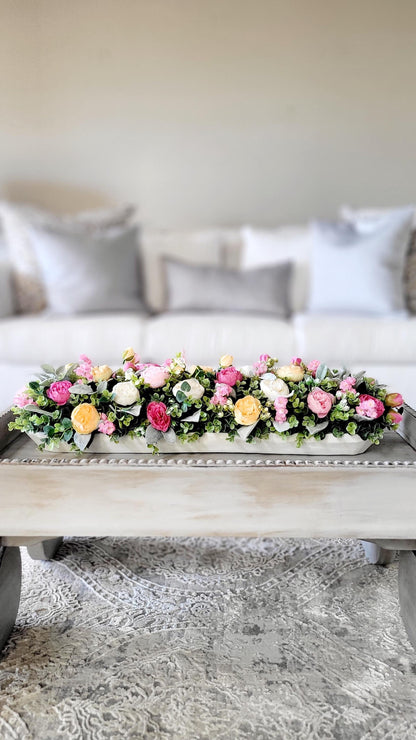 Dough Bowl Long Dining Table Arrangement Narrow Mantle Decor Peony Dough Bowl Farmhouse Arrangement Kitchen Table Decor Large Island Decor