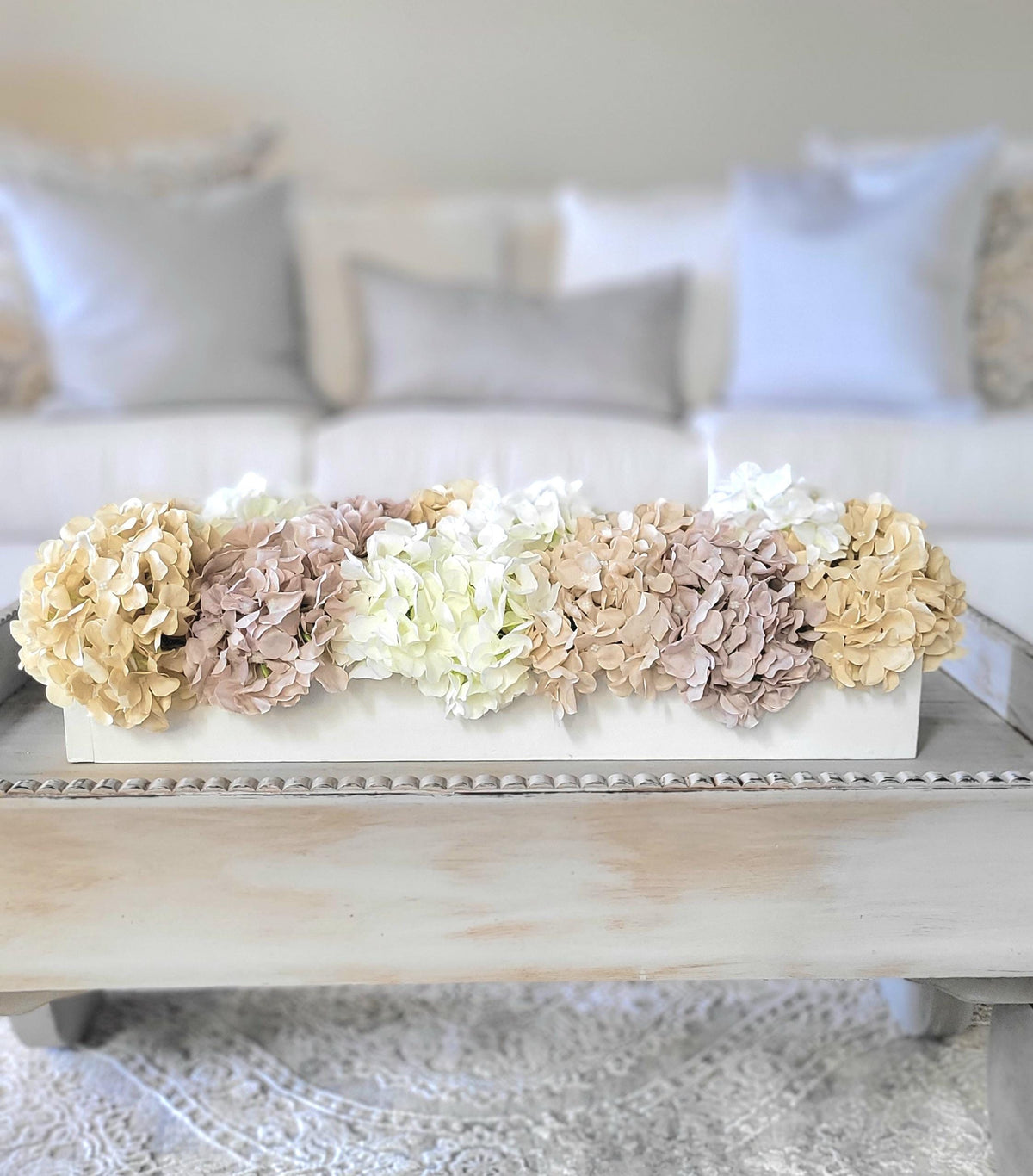 Dining Table Centerpiece – White Hydrangea Floral Arrangement in Farmhouse Box