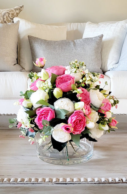 Wedding Centerpiece Artificial Peony Arrangement Pink Silk Flowers Glass Vase Display Realistic Water Effect Bridal Shower Table Styling Lifelike Petal Details Rose Colored Blooms Reception Table Arrangement Home Styling Collection Romantic