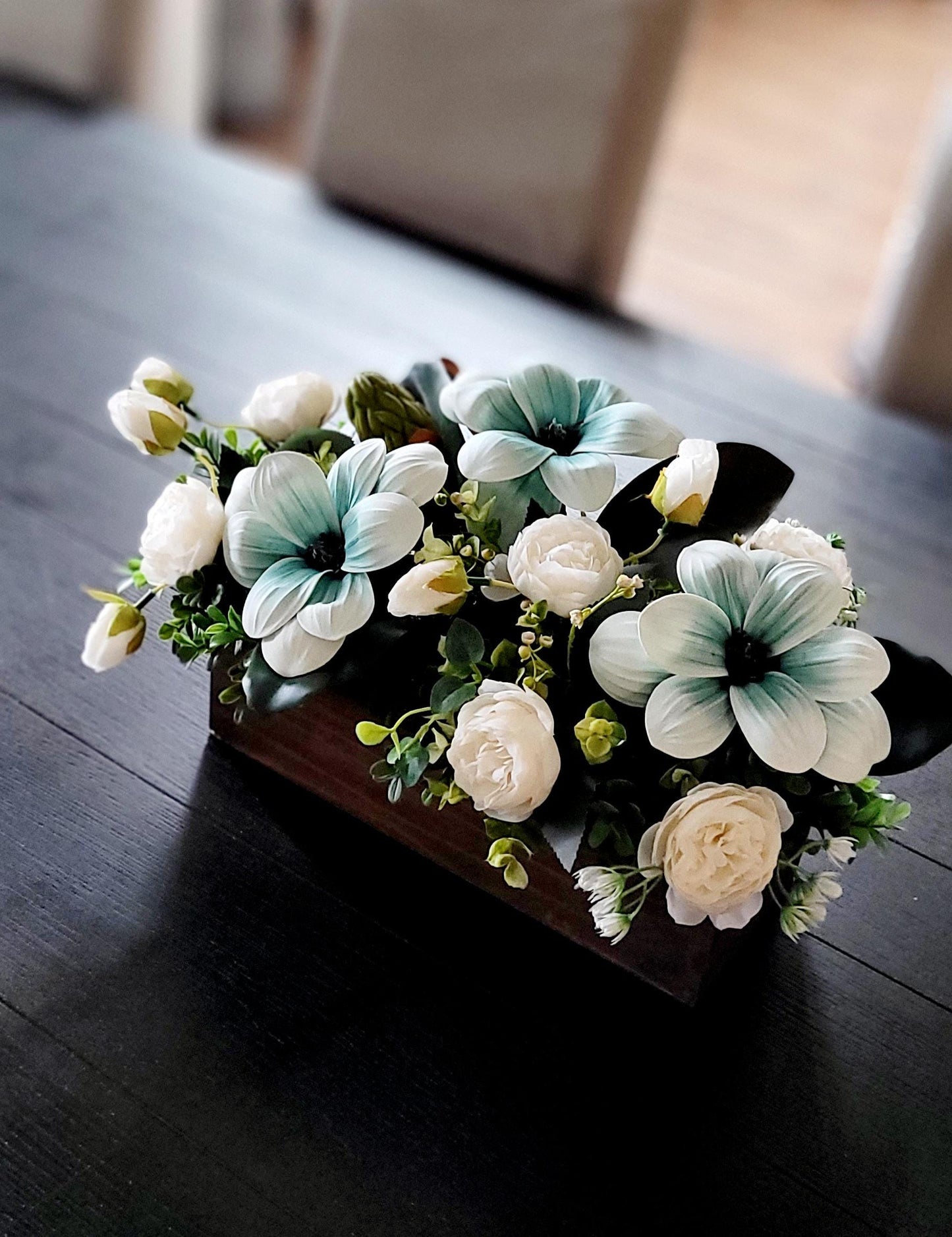 Dining Table Centerpiece – Rustic Wood Box with Magnolia Peony Silk Flower Arrangement