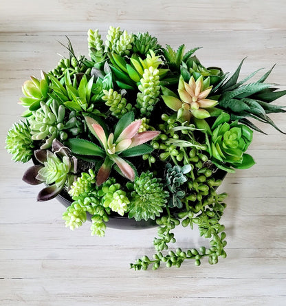 Faux Succulent Arrangement – Modern Office Gift in Black Ceramic Planter