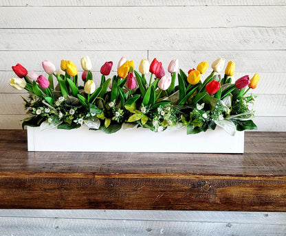 Tulip Flower Arrangement Farmhouse Long Box Tulip Arrangement Spring Flower Centerpiece Real Touch Tulips Mantel Flower Box Easter Flowers