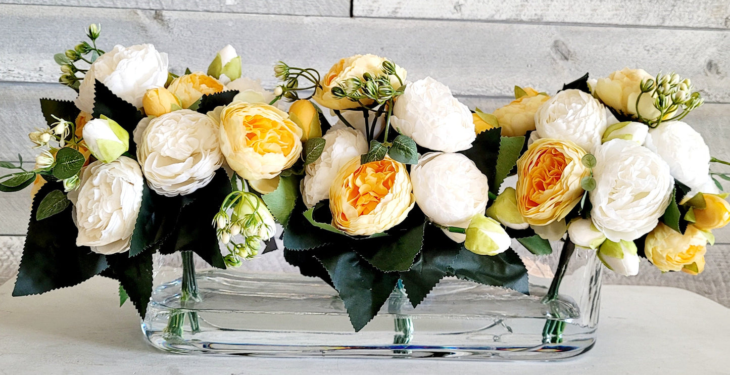 Modern glass vase floral arrangement dining table peony arrangement yellow flower arrangement long glass elegant arrangement gift for her