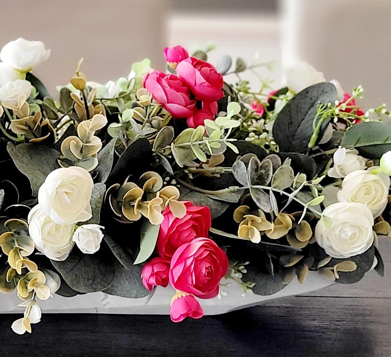 Dough Bowl Dining Table Arrangement Rose arrangement kitchen table decor Farmhouse Arrangement greenery arrangement Pink Floral Arrangement