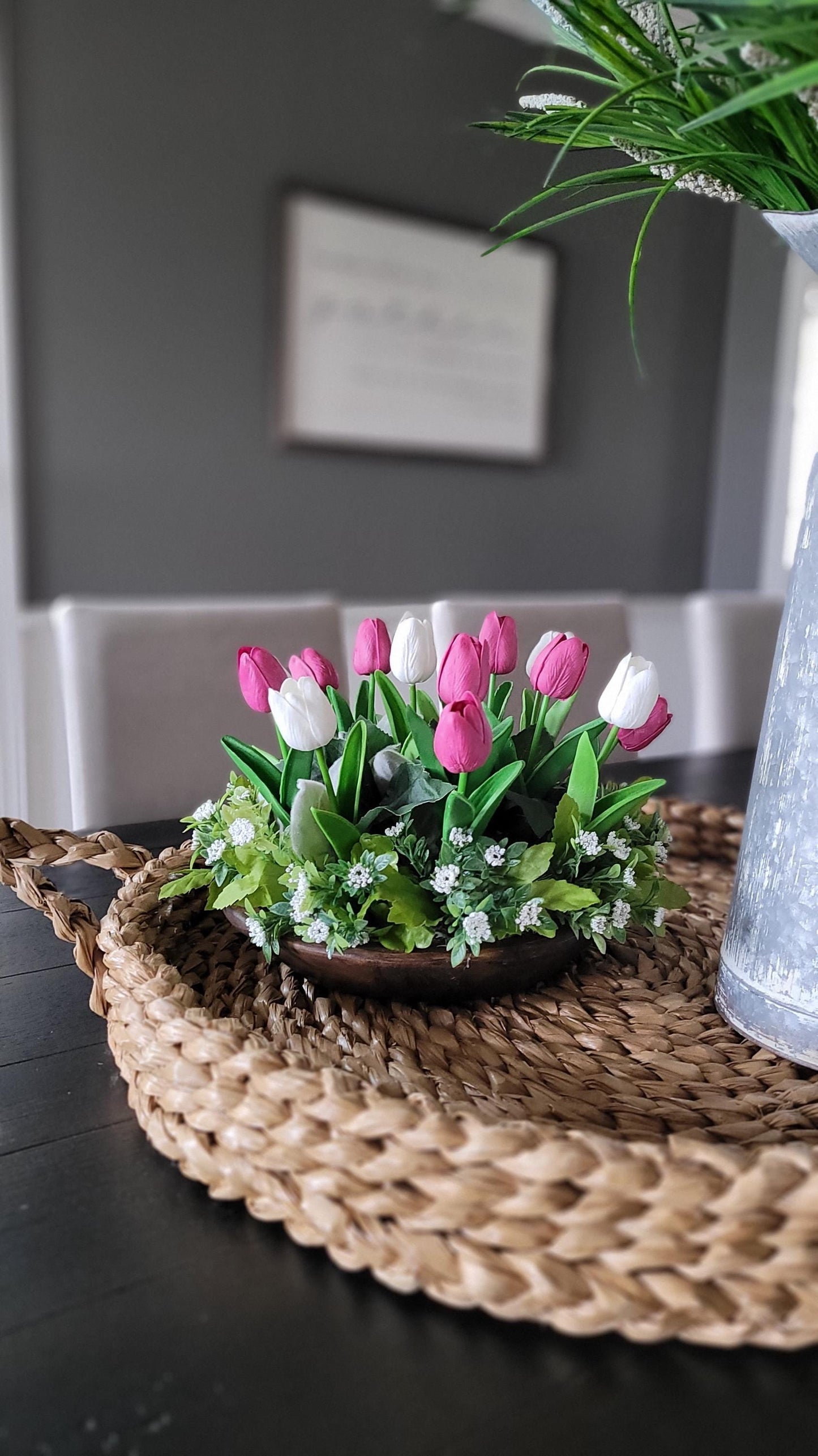 Tulip Centerpiece – Lifelike Silk Flowers in Rustic Dough Bowl Arrangement