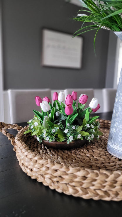 Tulip Centerpiece – Lifelike Silk Flowers in Rustic Dough Bowl Arrangement