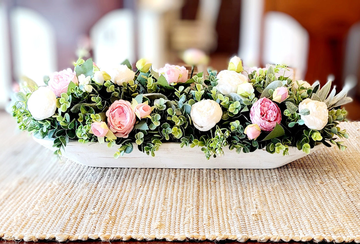 Handcarved Wooden Bowl Cream Peony Arrangement Handmade Farmhouse Centerpiece Rustic Table Decoration Artificial Flower Display Lambs Ear Accent Greenery Filled Design Traditional Home Decor Country Style Aesthetic Vintage Inspired Creation