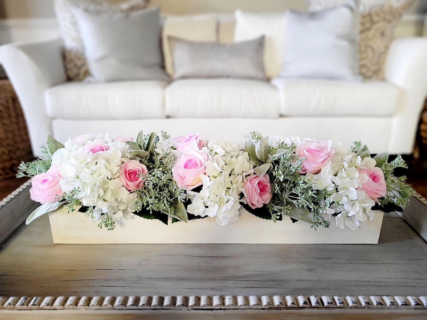 Dining Table Centerpiece – Pink Rose and Hydrangea Arrangement in Wooden Box