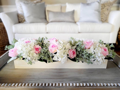 Dining Table Centerpiece – Pink Rose and Hydrangea Arrangement in Wooden Box