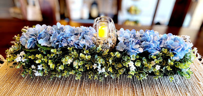 Spring Floral Arrangement Large Dough Bowl Farmhouse Blue Hydrangea Wood Bowl Arrangement Dining Room Farmhouse Centerpiece Flameless Candle