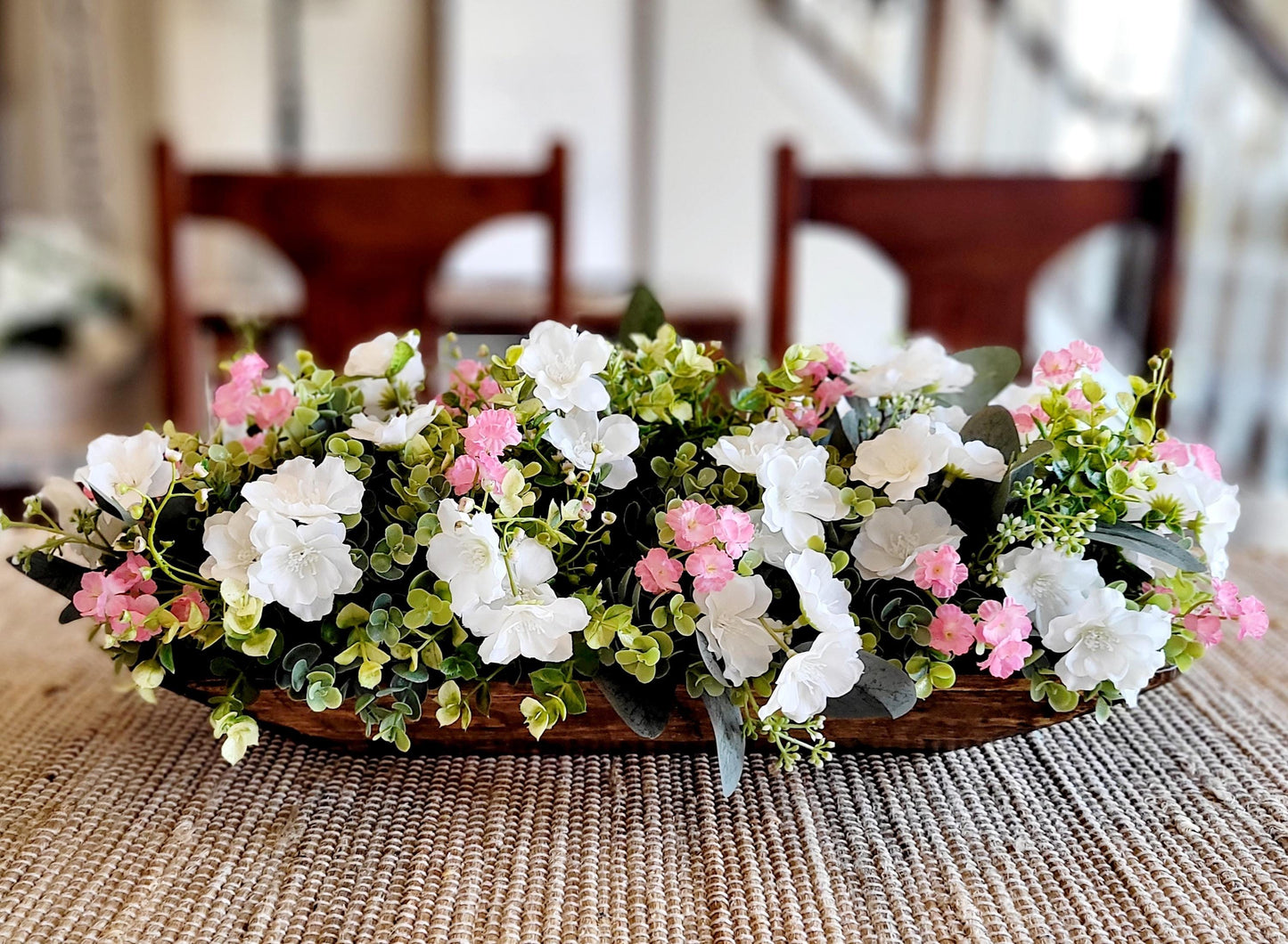 Farmhouse Table Centerpiece – Rustic Dough Bowl with White Floral Arrangement
