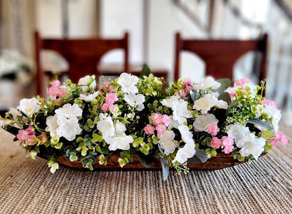 Farmhouse Table Centerpiece – Rustic Dough Bowl with White Floral Arrangement