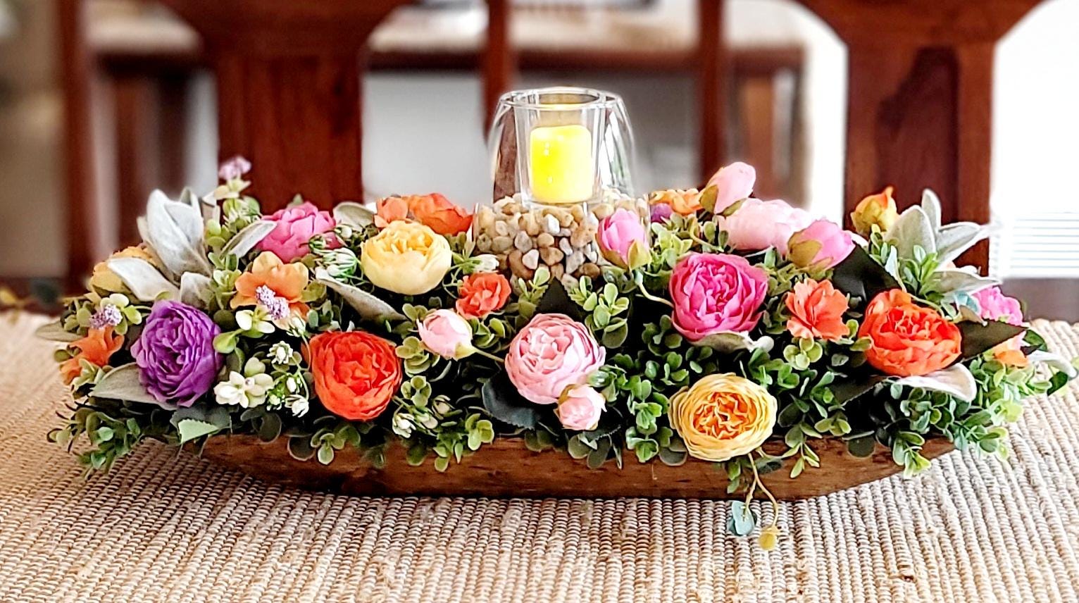 Silk Flower Centerpiece Dough Bowl Arrangement Coffee Table Display Bright Peony Artificial Flowers Greenery Handcrafted Wooden Bowl Rustic Farmhouse Style Living Room Accent Mantel Display Ready Maintenance Free Home Styling Year Round