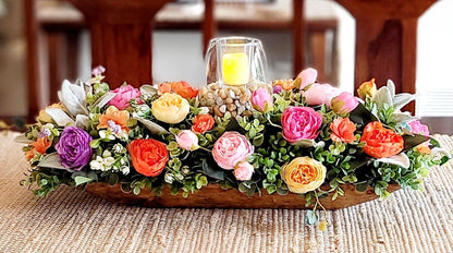 Silk Flower Centerpiece Dough Bowl Arrangement Coffee Table Display Bright Peony Artificial Flowers Greenery Handcrafted Wooden Bowl Rustic Farmhouse Style Living Room Accent Mantel Display Ready Maintenance Free Home Styling Year Round