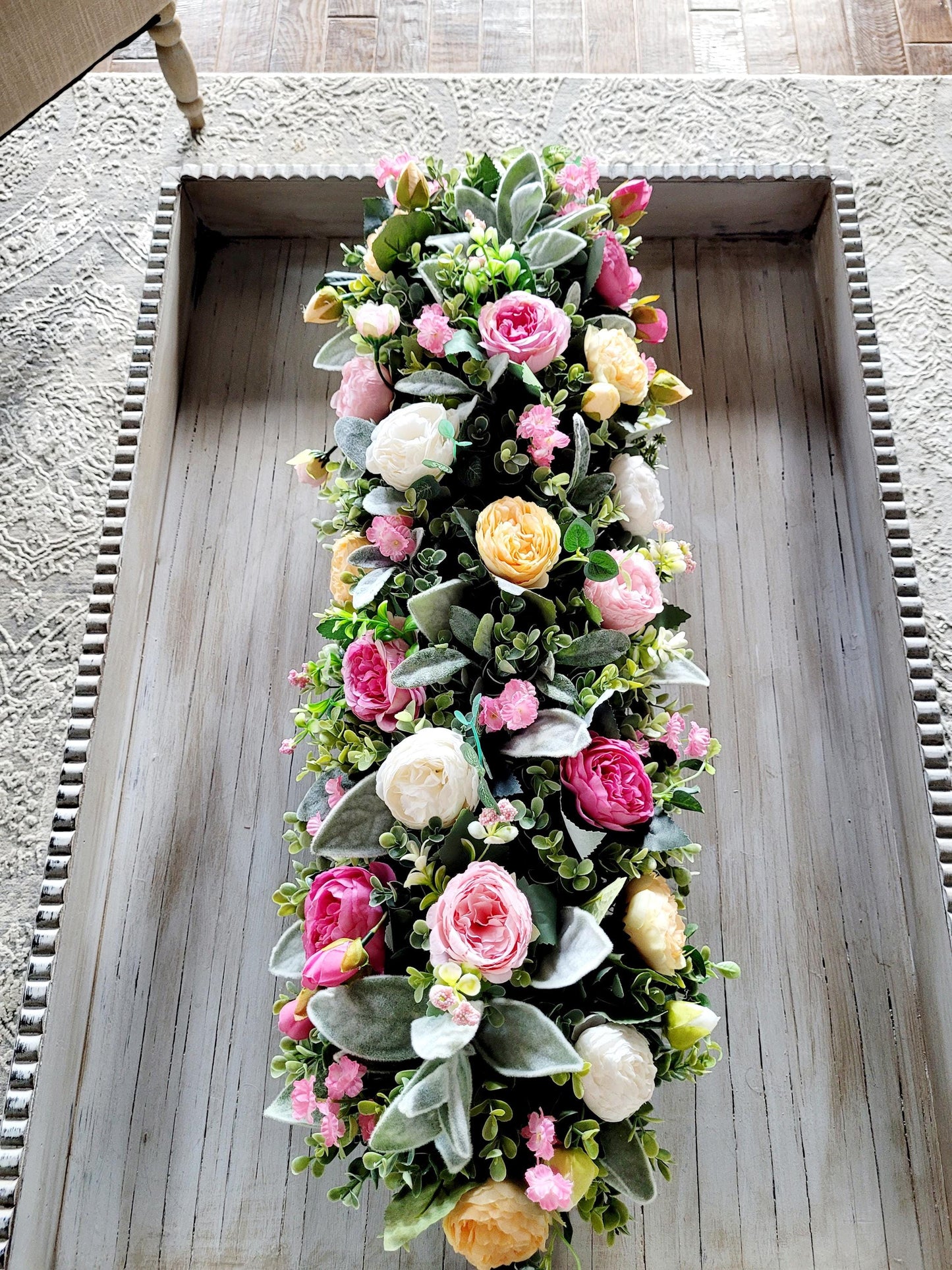 Dining Table Centerpiece – Farmhouse Wood Box with Silk Peonies Spring Kitchen Decor