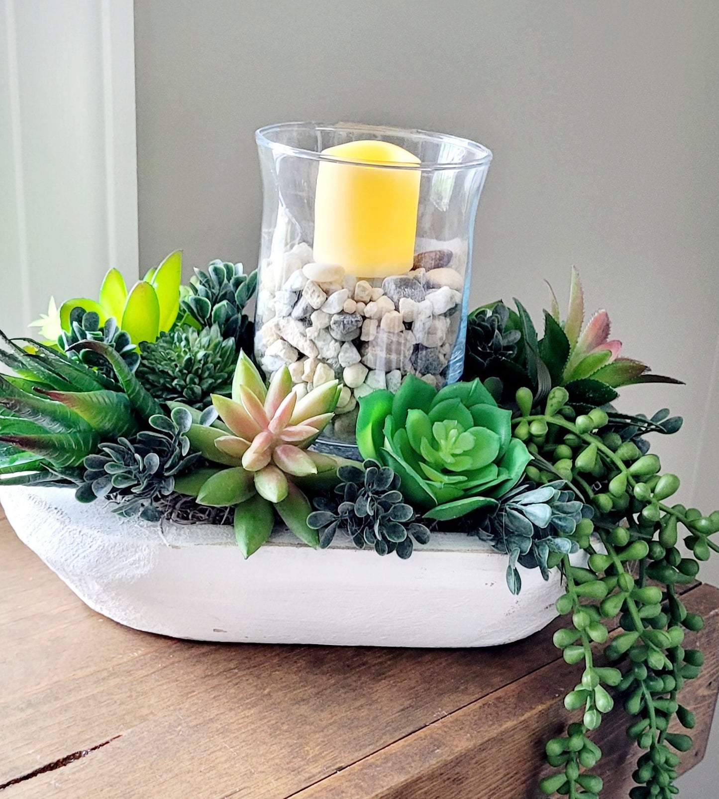 Faux Succulent Arrangement – Modern Wood Bowl Centerpiece Gift