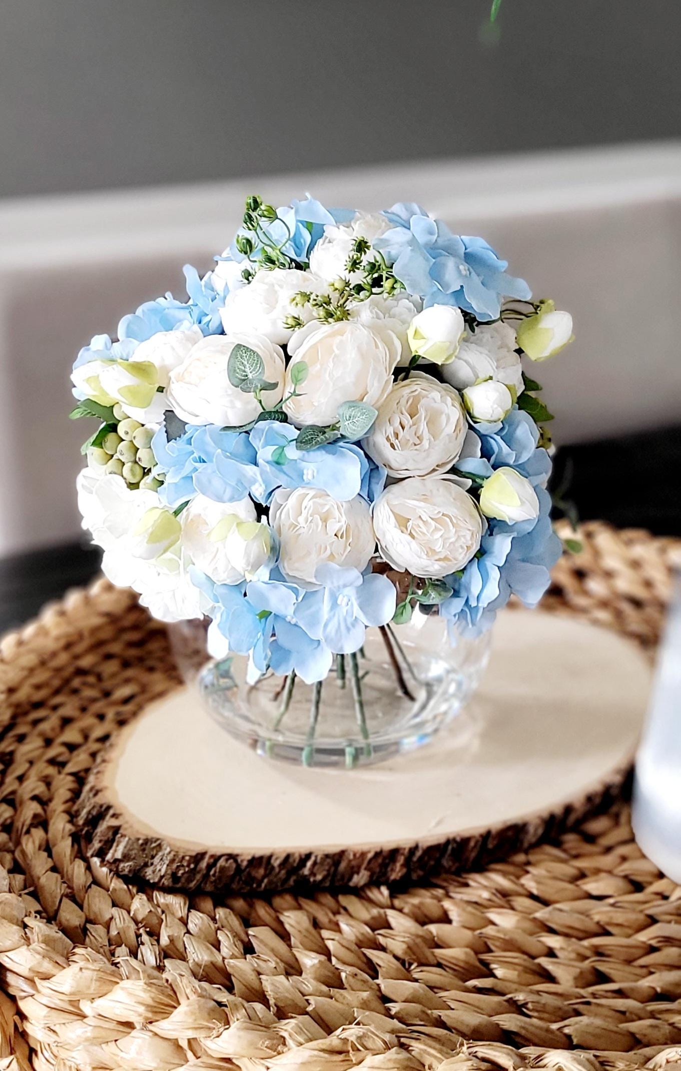 Faux Flower Centerpiece Arrangement Silk Hydrangea Peony Collection Blue White Ivory Glass Vase Display Maintenance Free Year Round Beauty Elegant Artificial Flowers Perfect Wedding Table Modern Home Staging Essential Realistic Water Effect