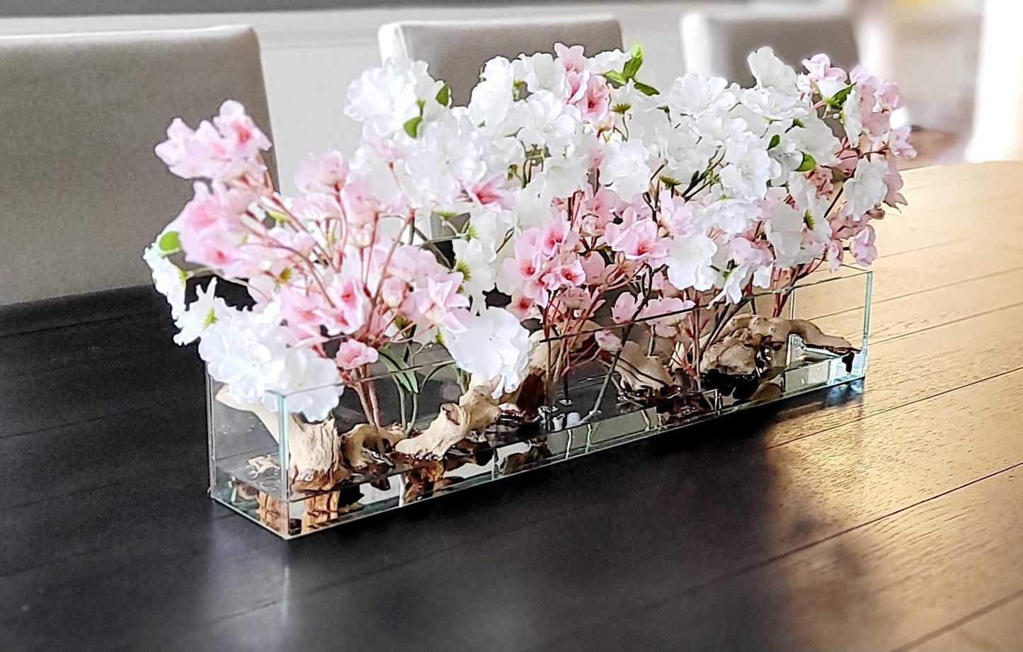 Farmhouse Table Centerpiece – Artificial Cherry Blossom Arrangement in Modern Glass Vase