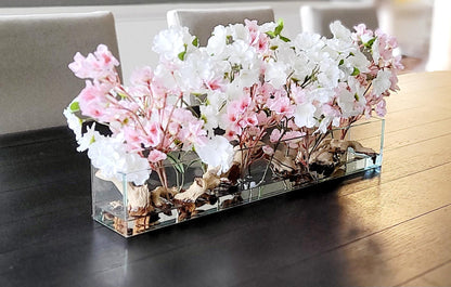 Farmhouse Table Centerpiece – Artificial Cherry Blossom Arrangement in Modern Glass Vase