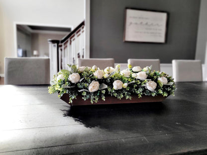 Long Flower Box Centerpiece Farmhouse Style Decor Faux Peony Arrangement Custom Wood Planter Rustic Home Accent Dining Table Decoration Mantle Display Piece Kitchen Counter Styling Artificial Floral Arrangement Spring Home Accent