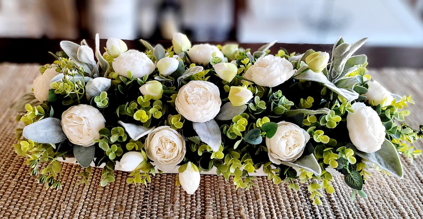 Shabby Chic Centerpiece White Floral Arrangement Farmhouse Table Decor Dough Bowl Display Artificial Flower Collection Faux Peonies Roses Eucalyptus Design Elegant Home Accent Piece Year Round Indoor Decoration Housewarming Gift Idea