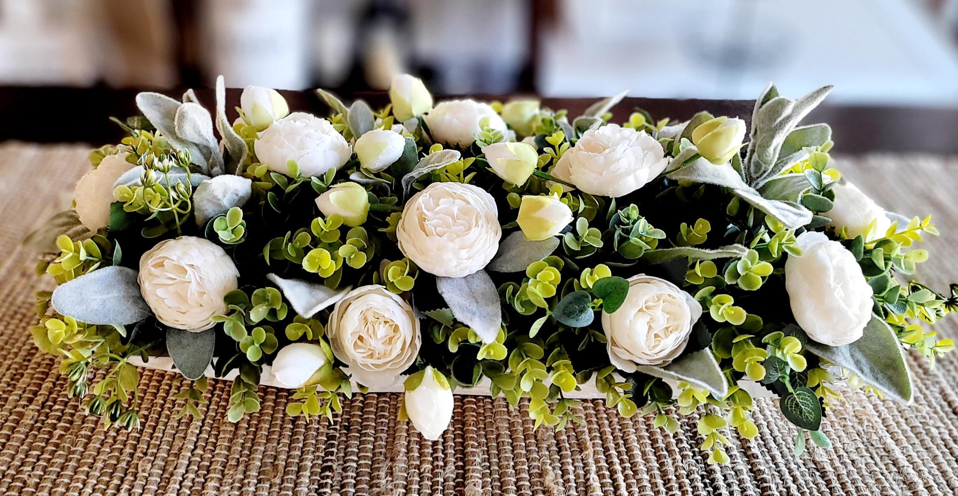 Shabby Chic Centerpiece White Floral Arrangement Farmhouse Table Decor Dough Bowl Display Artificial Flower Collection Faux Peonies Roses Eucalyptus Design Elegant Home Accent Piece Year Round Indoor Decoration Housewarming Gift Idea