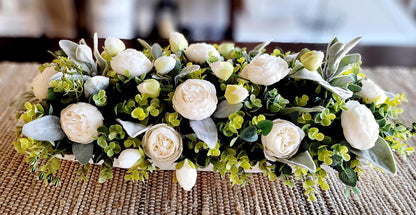 Shabby Chic Centerpiece White Floral Arrangement Farmhouse Table Decor Dough Bowl Display Artificial Flower Collection Faux Peonies Roses Eucalyptus Design Elegant Home Accent Piece Year Round Indoor Decoration Housewarming Gift Idea