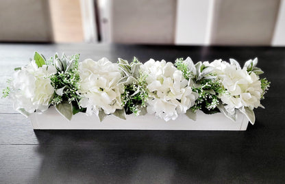 Farmhouse Table Centerpiece – Rustic Wooden Box with Silk Hydrangea Flowers