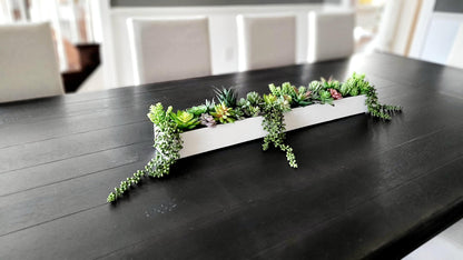 Modern Table Centerpiece Faux Succulent Arrangement Narrow Display Box Contemporary Home Styling Artificial Plant Collection Elegant Dining Decor Long Table Accent Perfect Mantle Decoration Realistic Looking Greenery Indoor Plant