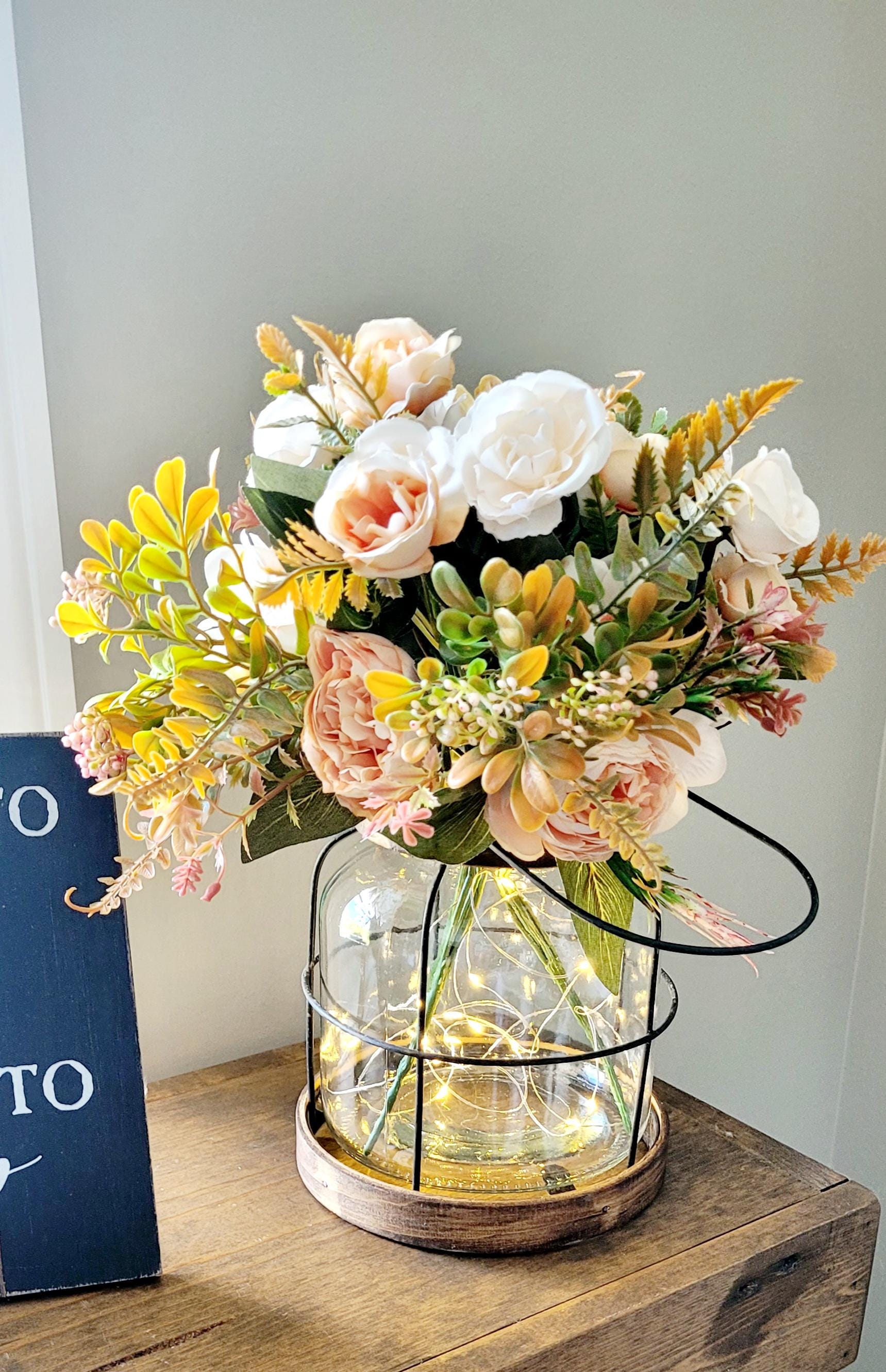 Year Round Centerpiece Farmhouse Lantern Decor Illuminated Floral Arrangement Artificial Peonies Hydrangeas Mint Green Ivory Color Palette Fairy Light Display Rustic Home Accent Dining Table Decoration Living Room Side Table Bedroom
