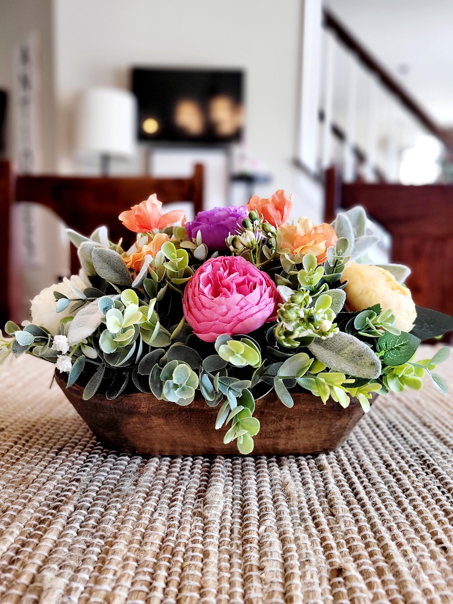 Dough Bowl Centerpiece – Handcarved Wooden Bowl with Realistic Cream Peonies
