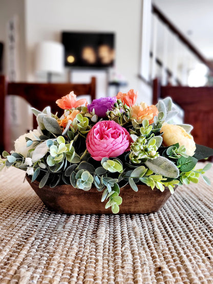 Dough Bowl Centerpiece – Handcarved Wooden Bowl with Realistic Cream Peonies