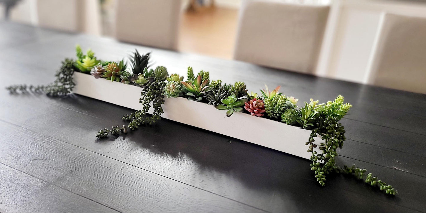 Long Table Arrangement Faux Succulent Centerpiece Modern Home Styling Artificial Plant Display Narrow Box Design Contemporary Dining Accent Perfect Mantle Decoration Maintenance Free Greenery Indoor Decorative Element Realistic Looking