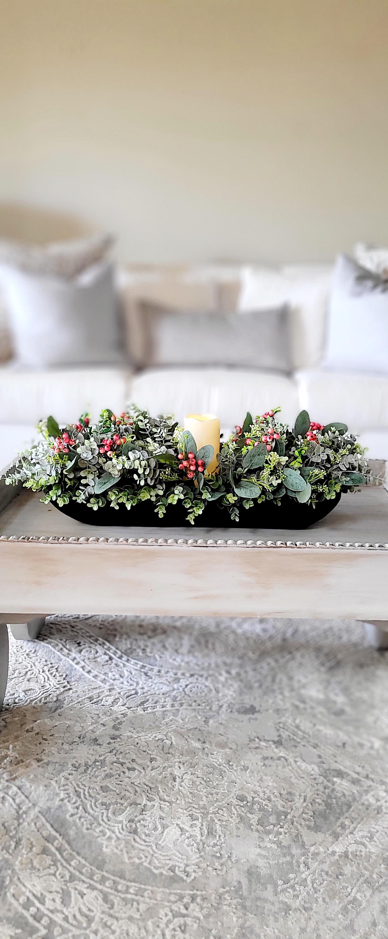 Dough Bowl Centerpiece  Greenery Arrangement Farmhouse Arrangement Candle Centerpiece Country Decor Holiday Arrangement Decor Berry decor