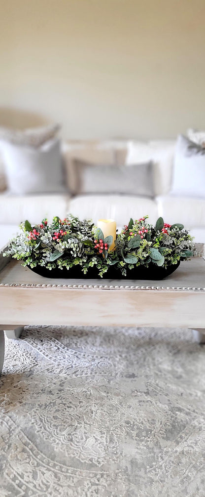 Dough Bowl Centerpiece  Greenery Arrangement Farmhouse Arrangement Candle Centerpiece Country Decor Holiday Arrangement Decor Berry decor