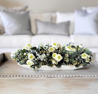 Farmhouse Centerpiece – Dough Bowl with Faux Ranunculus and Eucalyptus Rustic Dining Table Decor