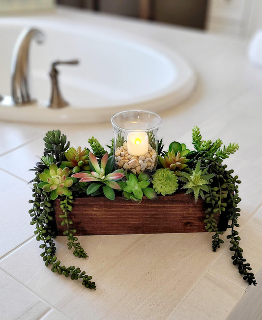 Faux Succulent Centerpiece Wooden Box Arrangement Housewarming Gift Idea Perfect Home Decor Flameless Candle Included Artificial Plants Display Modern Farmhouse Style Rustic Wood Container Maintenance Free Greenery Tabletop Decoration