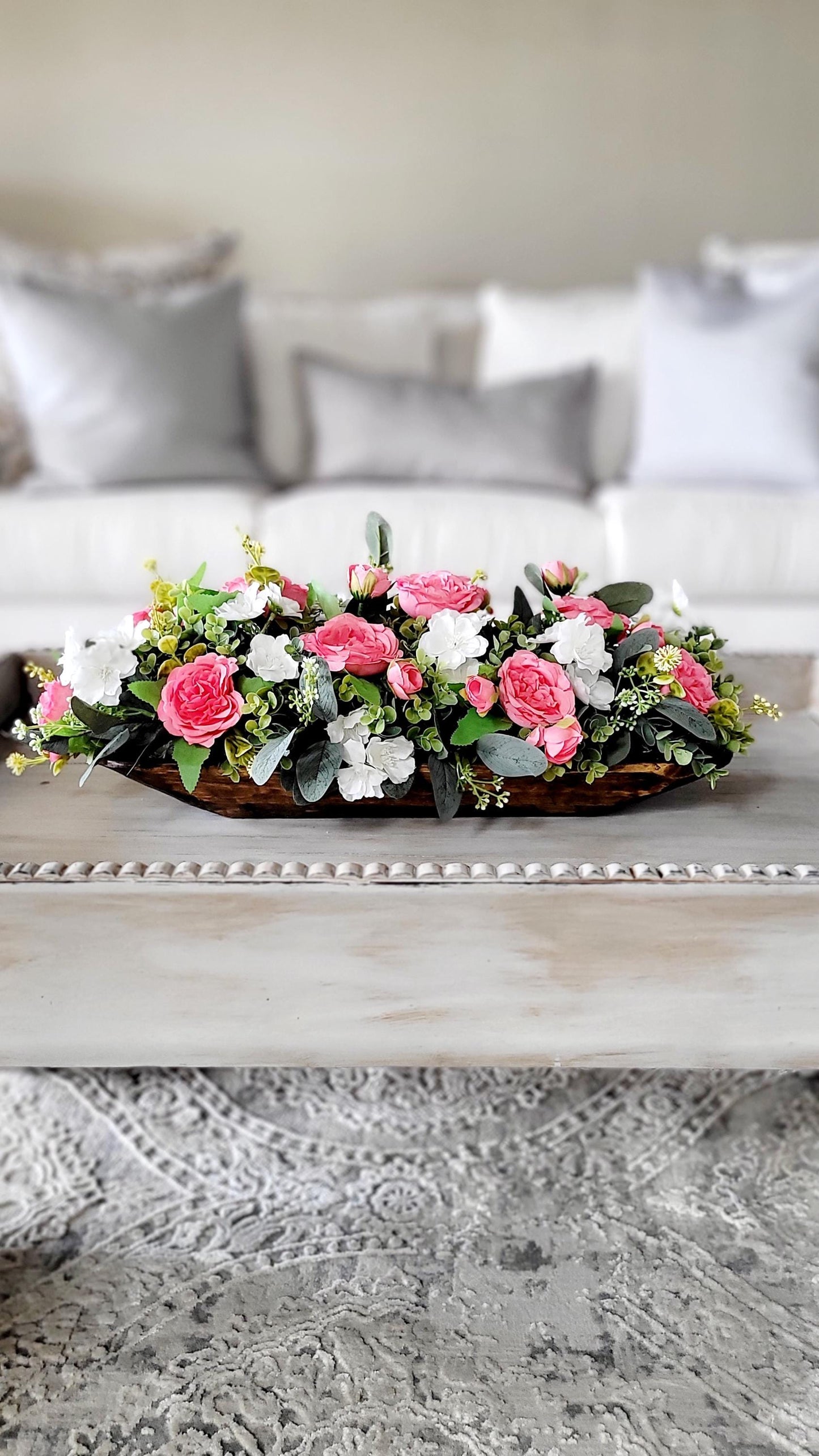 Dough Bowl Pink Peony Flower centerpiece farmhouse kitchen table decor pink rose arrangement gift Mom gift her floral gift her faux peony