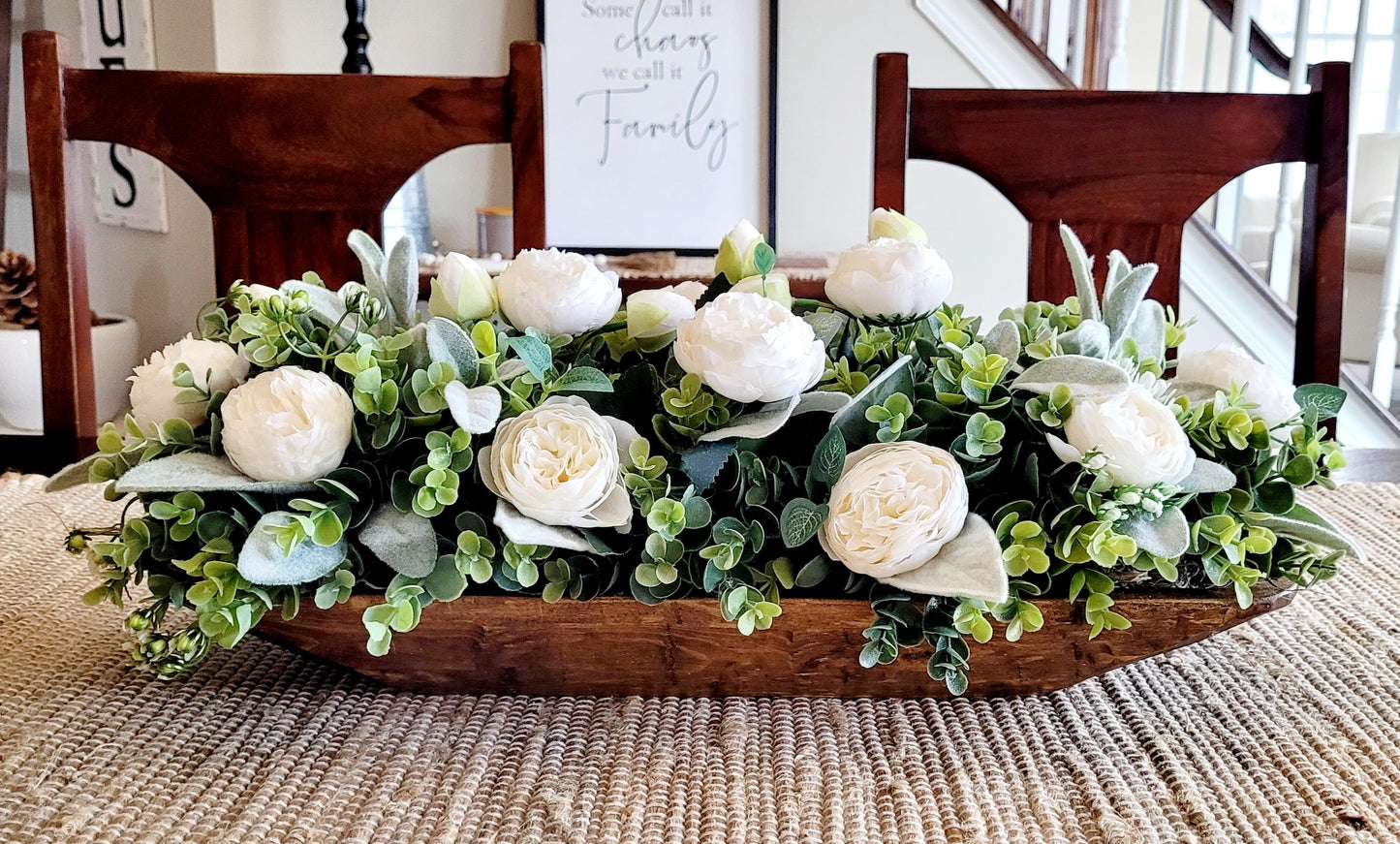 Farmhouse Table Centerpiece – Artificial Floral Arrangement in Wooden Dough Bowl