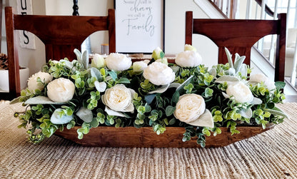 Farmhouse Table Centerpiece – Artificial Floral Arrangement in Wooden Dough Bowl