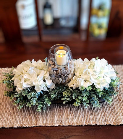 Farmhouse Table Centerpiece – Black Dough Bowl with Hydrangea and Candle Arrangement