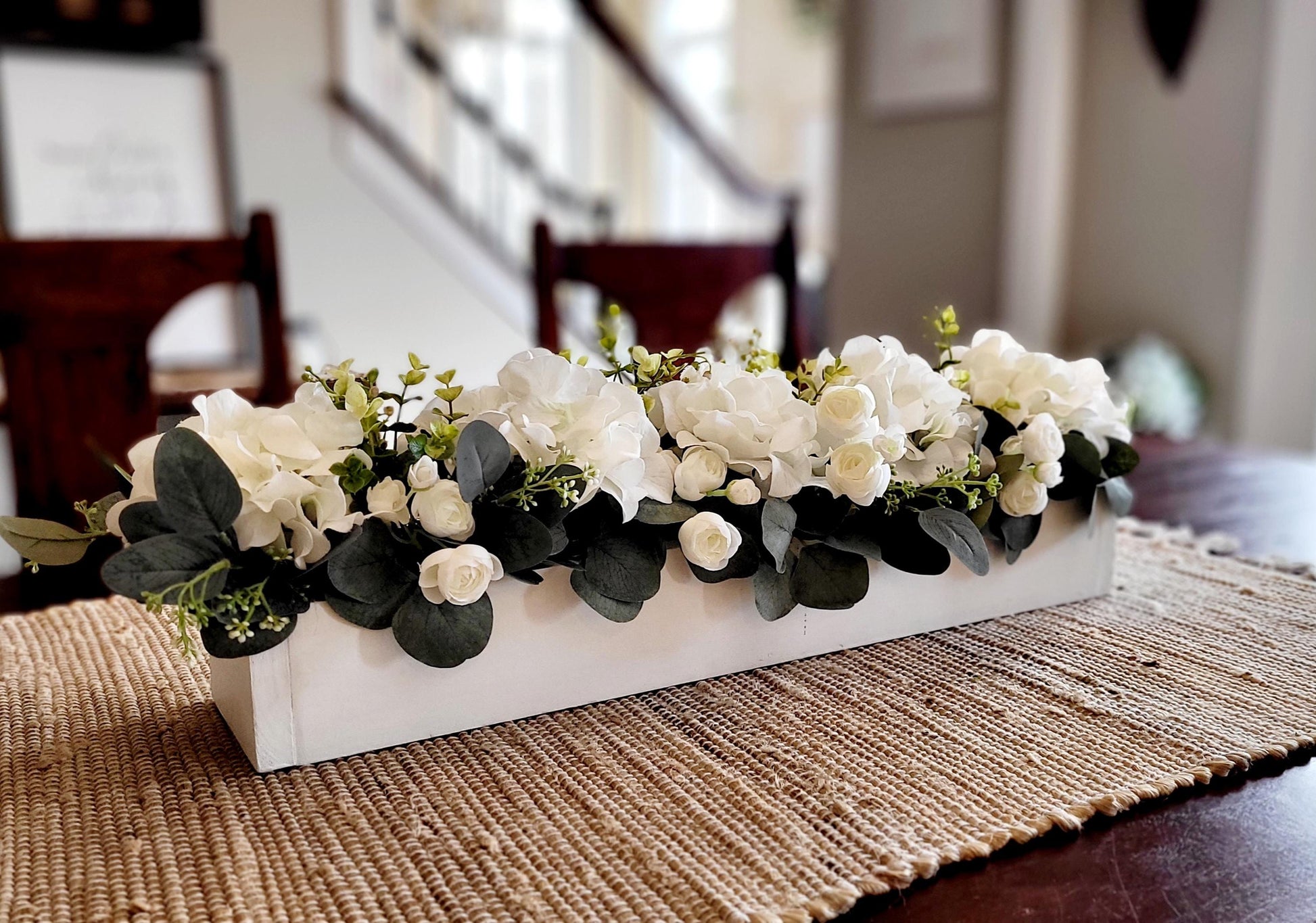 Farmhouse Table Centerpiece White Hydrangea Arrangement Wooden Box Design Rustic Dining Decor Artificial Silk Flowers Realistic Appearance Custom Built Container Country Style Accent Perfect Kitchen Table Decoration Mantle Display Piece