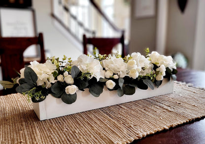 Farmhouse Table Centerpiece White Hydrangea Arrangement Wooden Box Design Rustic Dining Decor Artificial Silk Flowers Realistic Appearance Custom Built Container Country Style Accent Perfect Kitchen Table Decoration Mantle Display Piece