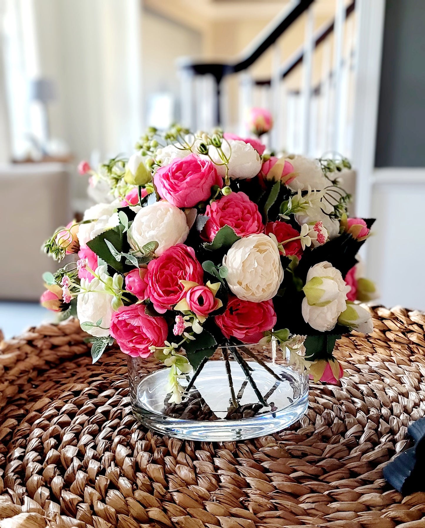 Pink Rose Peony Arrangement Artificial Flower Centerpiece Glass Vase Display Realistic Water Effect Silk Bloom Collection Wedding Table Styling Bridal Shower Gift Lifelike Petal Details Romantic Home Arrangement Maintenance Free Display
